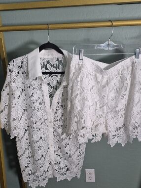 White Floral Lace Button-Down Shirt & Shorts Set